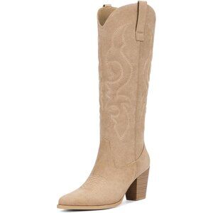 Women Khaki Suede Western Knee High Cowgirl Boots with Side Zipper Retro Pointed